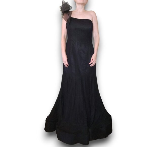 SHERRI HILL Black Tulle Trumpet Bow Sleeve Maxi Dress Gown - Picture 1 of 10